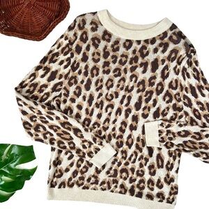 A New Day Cozy Leopard Catimal Crewneck Knit Sweater Size Medium